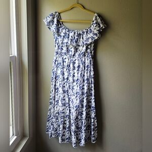 Blue and White Floral Ruffle Ikat Maxi Dress